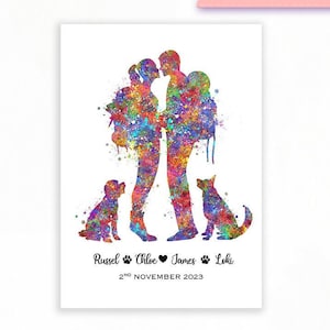 Personalisiertes Wanderpaar mit Haustieren Aquarell Druck - Wander Poster - Hochzeitsgeschenk - Valentinstag Geschenk - Wandern Sport Dekor