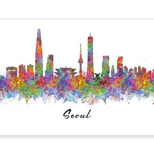 May include: A colorful watercolor painting of the Seoul skyline, featuring the iconic Lotte World Tower and other skyscrapers. The painting is set against a white background and includes the word "Seoul" in black text below the skyline.