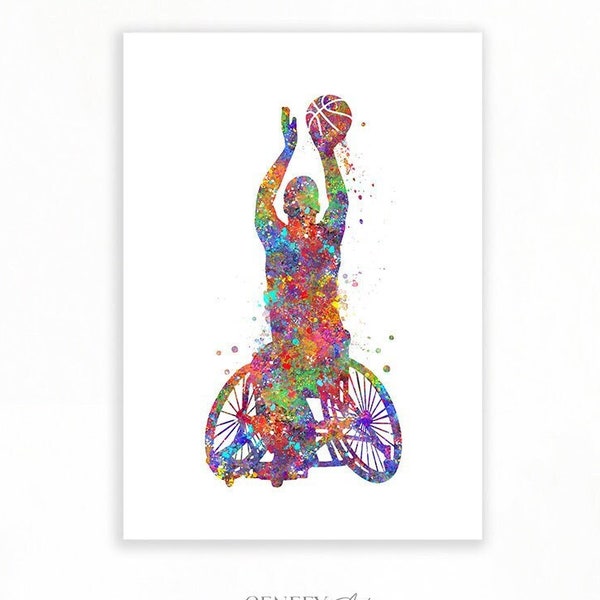 Basketball Player on Wheelchair Watercolour Art Print - Basketball Sports Print - Basketball Gift - Basketball Poster - Wheelchair Athlete