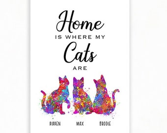 Personalised Cats Watercolour Art Print - Cat Prints - Cat Portrait - Cat Artwork Cat Poster Gift for Cat Lover - Home is where my cats are