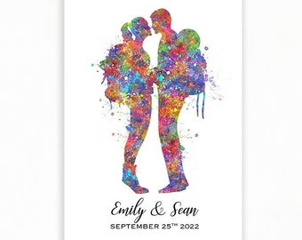 Impresión artística de acuarela personalizada de pareja de excursionistas: regalo de boda o San Valentín
