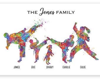 Personalised Family of 4 Taekwondo with Pet Dog Watercolour Print,Taekwondo Martial Arts Poster, Tae Kwon Do Martial Arts Gift, Family Gift