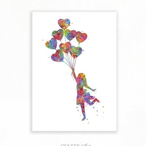 Girl with Flying Balloons Watercolor Art Print, Flying Balloon Girl Watercolor Print, Girl&#39;s Room Poster,Girls room decor, Gift for daughter