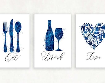 Kitchen Dining Watercolor Print - Set of 3 Blue Kitchen Prints - Food Drink Print - Dining Room Print - Kitchen Wall Art - Housewarming Gift