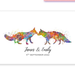 Personalisierter Fuchs Aquarell Druck - Paar Drucke - Hochzeitstag Geschenk - Hochzeits Geschenk Ideen - Paar Poster Druck