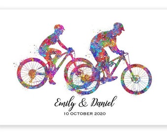 Personalisiertes Mountainbike-Paar Aquarelldruck - Mountainbike Wandkunst - Mountainbike Poster - Mountainbiken Geschenk Kunst