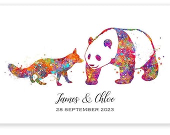 Personalised Fox and Panda Watercolour Print, Fox and Panda Couple Prints, Wedding Anniversary Gift, Wedding Gift Ideas,Couple Poster Print