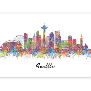 Seattle Skyline Watercolour Art Print - Seattle Skyline Wall Art - Seattle Skyline Poster - Seattle Cityscape Watercolour Print