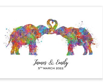 Personalised Elephant Couple Watercolour Print - Engagement Gift Ideas - Wedding Gift Idea - Anniversary Gift Ideas - Gift for Couple