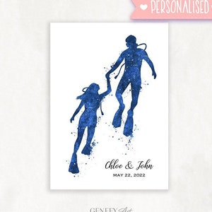 Personalised Scuba Diving Couple Watercolour Print - Navy Scuba Diving Art - Wedding Gift - Valentine&#39;s Gift - Scuba Wall Decor