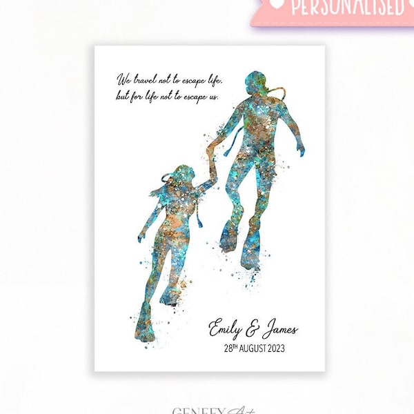 Personalised Scuba Diving Couple Watercolor Print - Scuba Diving Poster - Wedding Gift - Valentine's Gift - Scuba Wall Decor