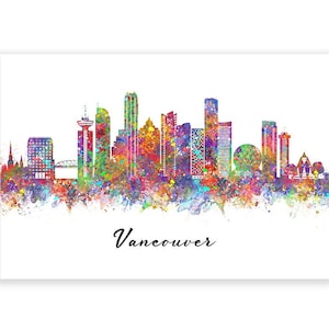 Impresión artística en acuarela del horizonte de Vancouver - Impresión del paisaje urbano de Vancouver - Impresión del horizonte de Vancouver - Decoración de pared del horizonte de Vancouver