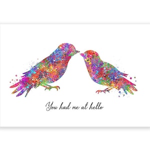 Impression d'art aquarelle citation amour oiseau, impressions couple oiseau - Portrait de couple - cadeau d'anniversaire - cadeau Saint Valentin