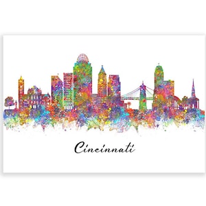 Cincinnati Skyline Watercolour Art Print - Cincinnati Cityscape Print - Cincinnati Skyline Print - Cincinnati Skyline Wall Decor