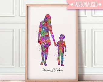 Personalized Mother and Son Watercolor Art Print