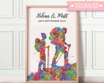 Lámina artística personalizada en acuarela para pareja de excursionistas - Regalo de aniversario