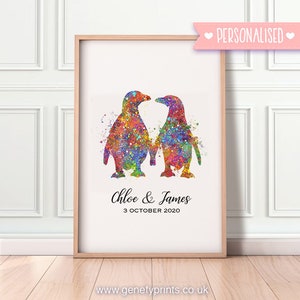 Personalised Penguin Couple Watercolor Art Print  -Family Portrait Print - Couple Portrait - Anniversary Gift - Valentines Day Gift