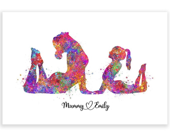 Personalised Yoga Mother and Daughter Watercolour Art Print - Family Yoga Poster - Wellness Wall Art - Yoga Prints  Sports room Decor