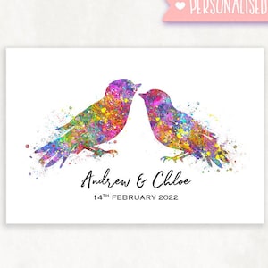 Impresión de acuarela personalizada de pareja de pájaros - Retrato de pareja de pájaros - Idea de regalo de boda - Ideas de regalo de aniversario - Regalo para pareja