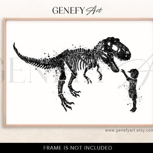 Impresión en acuarela en blanco y negro de un niño pequeño y un T-Rex - Impresiones de un niño y un dinosaurio - Arte de pared para guardería - Póster de dinosaurios - Decoración de pared para guardería