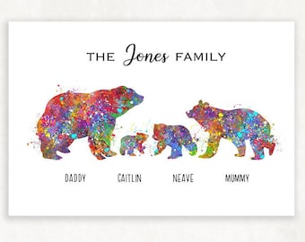 Personalised Bear Family of 4 Watercolor Print - Bear Family Poster - Bear Animal Family Poster - Bear Family Prints