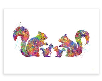 Squirrel Family of 4 Watercolor Art Print - Gift for Family - Animal Prints  - Squirrel Poster - Family Gift Ideas - Squirrel Family Art