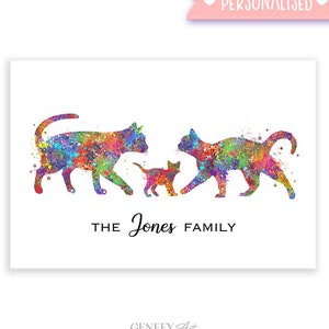 Personalized Cat Family Watercolor Print: Custom Pet Portrait