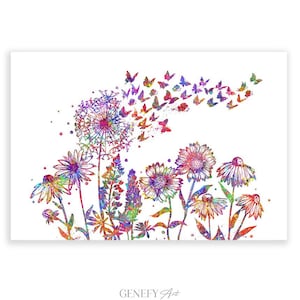Wildflowers Watercolor Art Print: Dandelion Butterflies