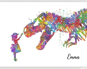 Personalised Little Girl and T-Rex Watercolour Print - Girl and Dinosaur Prints - Nursery Wall Art - Dinosaur Poster - Nursery Wall Decor