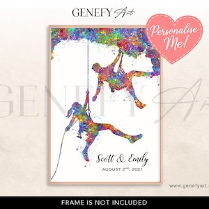 Personalised Rock Climbing Couple Watercolor Art Print - Outdoor Adventure Watercolor Art - Rappelling Wall Art - Extreme Sports Art Decor
