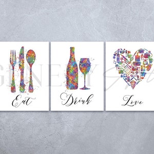 Kitchen Dining Watercolor Print - Set of 3 Kitchen Prints - Food and Drink Prints - Dining Room Print - Kitchen Wall Art - Housewarming Gift