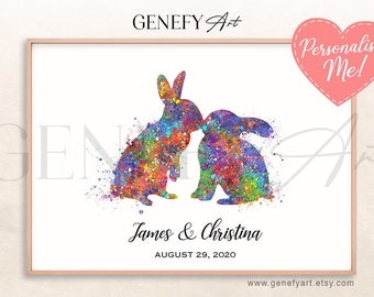 Personalised Rabbit Couple Watercolour Print - Rabbit Couple Portrait - Wedding Gift Idea - Anniversary Gift Ideas - Gift for Couple