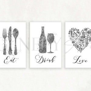 Graue Küchen Prints: Essen & Trinken Aquarell Kunst - 3er Set