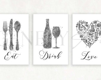 Kitchen Dining Watercolor Print - Set of 3 Grey Kitchen Prints - Food Drink Print - Dining Room Print - Kitchen Wall Art - Housewarming Gift