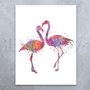 Impresión de acuarela de flamencos - Impresión artística de acuarela de pareja de flamencos - Póster de pájaros enamorados de flamencos - Ideas para regalos de boda - Regalo de inauguración de la casa
