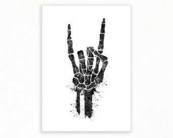 Rock On Skeleton Hand Watercolor Art Print - Rock and Roll Skeleton Hand Prints - Halloween Skeleton Hand Art - We Will Rock You Hand AS66