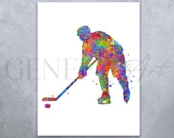 Impresión artística en acuarela de un jugador de hockey sobre hielo: regalo para deportes de invierno