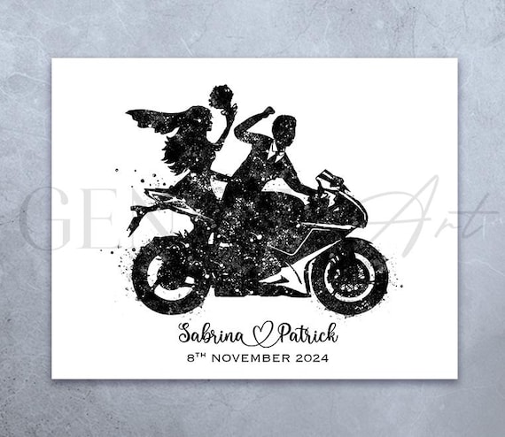 Personalized Motorbike Wedding Watercolor Print - Unique