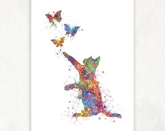 Cat and Butterflies Watercolor Art Print  - Cat Portrait - Cat Prints - Cat Poster - House Warming Gift - Gift for Her