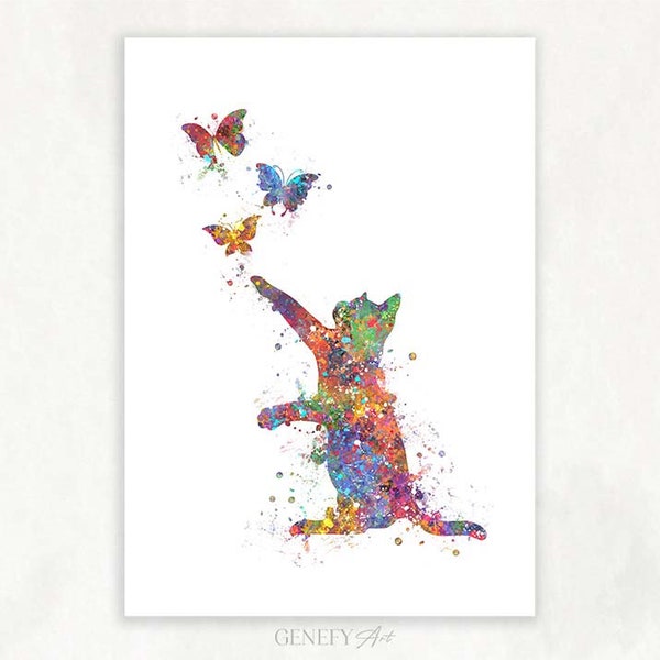 Cat and Butterflies Watercolor Art Print  - Cat Portrait - Cat Prints - Cat Poster - House Warming Gift - Gift for Her