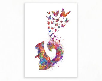 Squirrel Watercolor Art Print - Squirrel Butterflies - Animal Prints  - Squirrel Poster - Wedding Gift Ideas - Nursery Gift Ideas