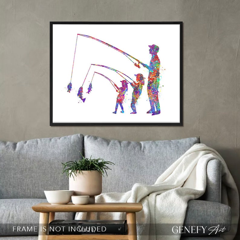 Father and Daughters Fishing Watercolour Art Print Fishing Art Print Fishing Poster Father and Daughter Poster Gift for Fisherman image 3