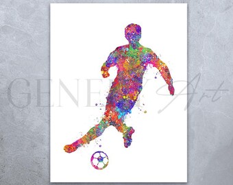 Impresión artística de acuarela de jugador de fútbol: póster deportivo colorido