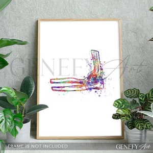 May include: A colorful watercolor illustration of the human elbow joint. The bones are outlined in black and filled with vibrant colors, creating a unique and artistic anatomical representation.