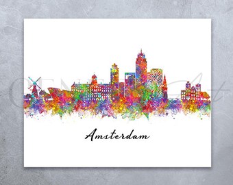 Amsterdam Skyline Aquarell Druck: Bunte Stadtansicht Wandbild