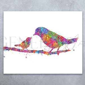 Mother Bird and Baby Bird Watercolour Art Print - Bird Print - Bird Watercolour Poster - Bird Artwork -Housewarming Gift