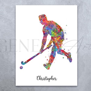 Personalised Male Field Hockey Player Watercolour Print - Field Hockey Poster - Gift for Son -  Field Hockey Wall Decor - Sports Gift