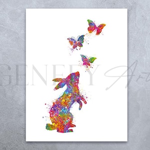 Rabbit and Butterflies Watercolor Art Print: Animal Wall Decor