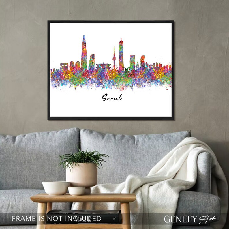 May include: A watercolor painting of the Seoul skyline with colorful splashes of paint. The text "Seoul" is written below the skyline.