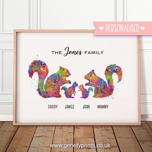 Personalised Squirrel Family of 4 Watercolor Art Print - Gift for Family - Squirrel Poster - Family Gift Ideas - Squirrel Family Art